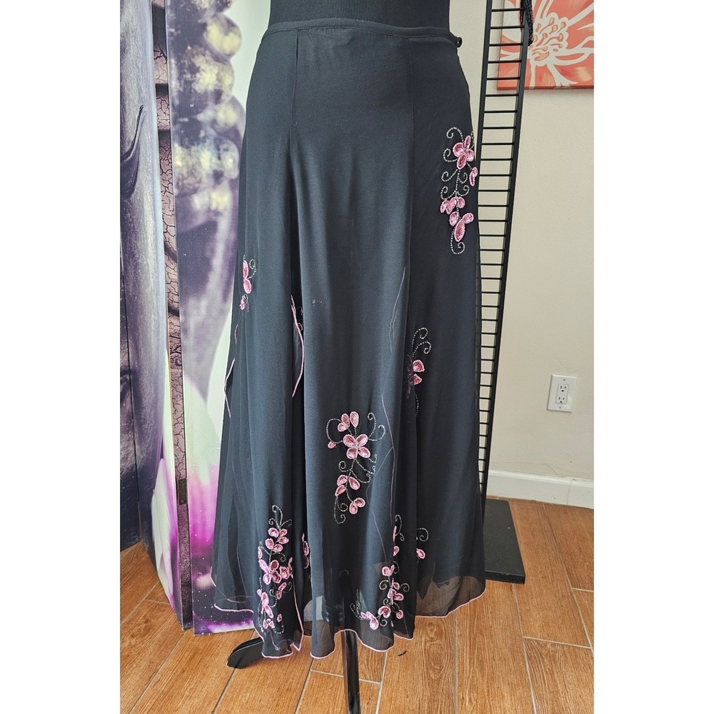 Midnight Velvet Black Beaded Floral Maxi Skirt Size L